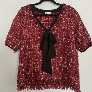 Entro Burgundy Tweed Fringed Tie Front Blouse - Small